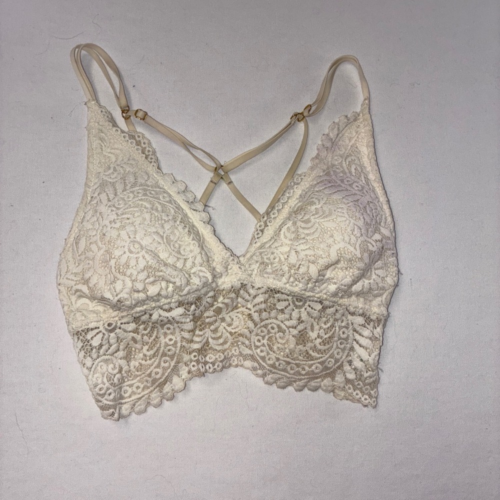 599 Boho Aerie Lace Bralette S Cream Strappy Back Longline Triangle Bra